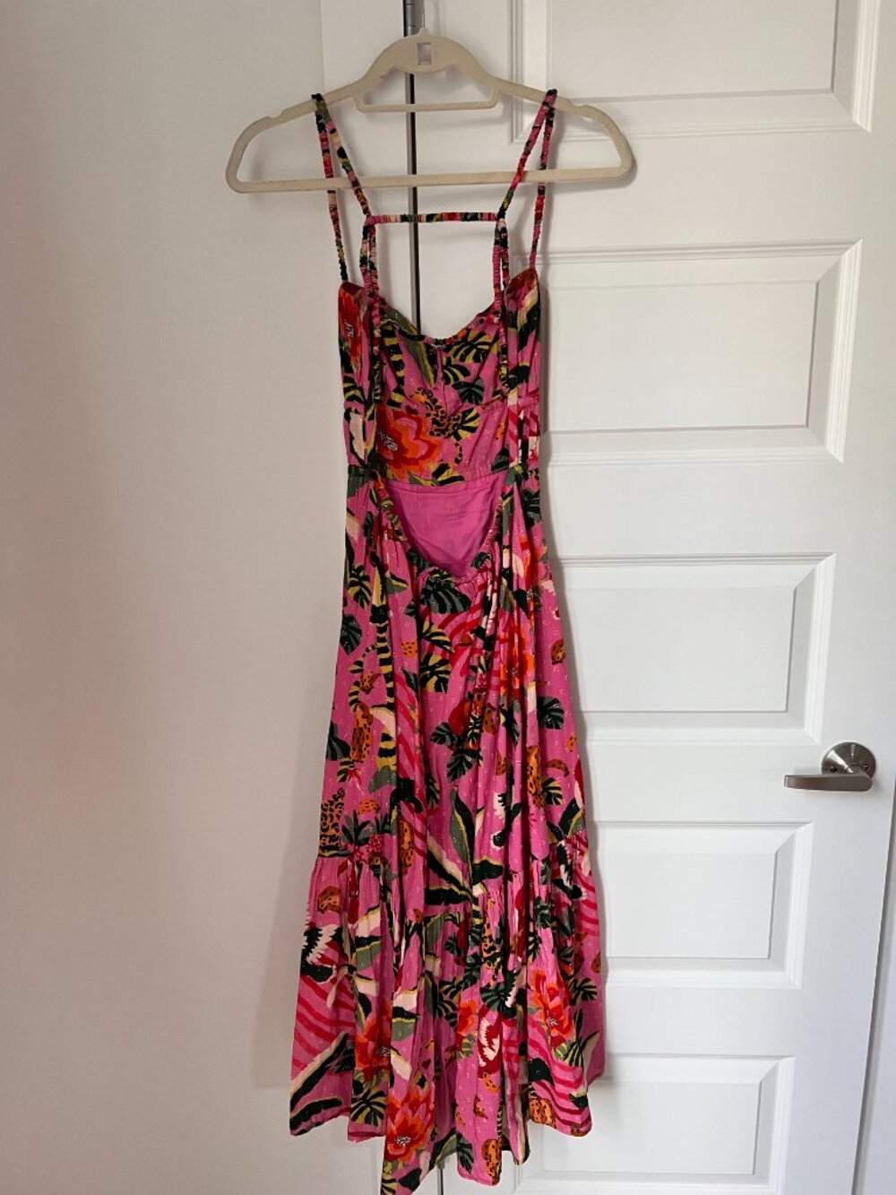 FARM Rio Pink Leopard Forest Midi Dress Beaded Buttons S - Picture 6 of 14